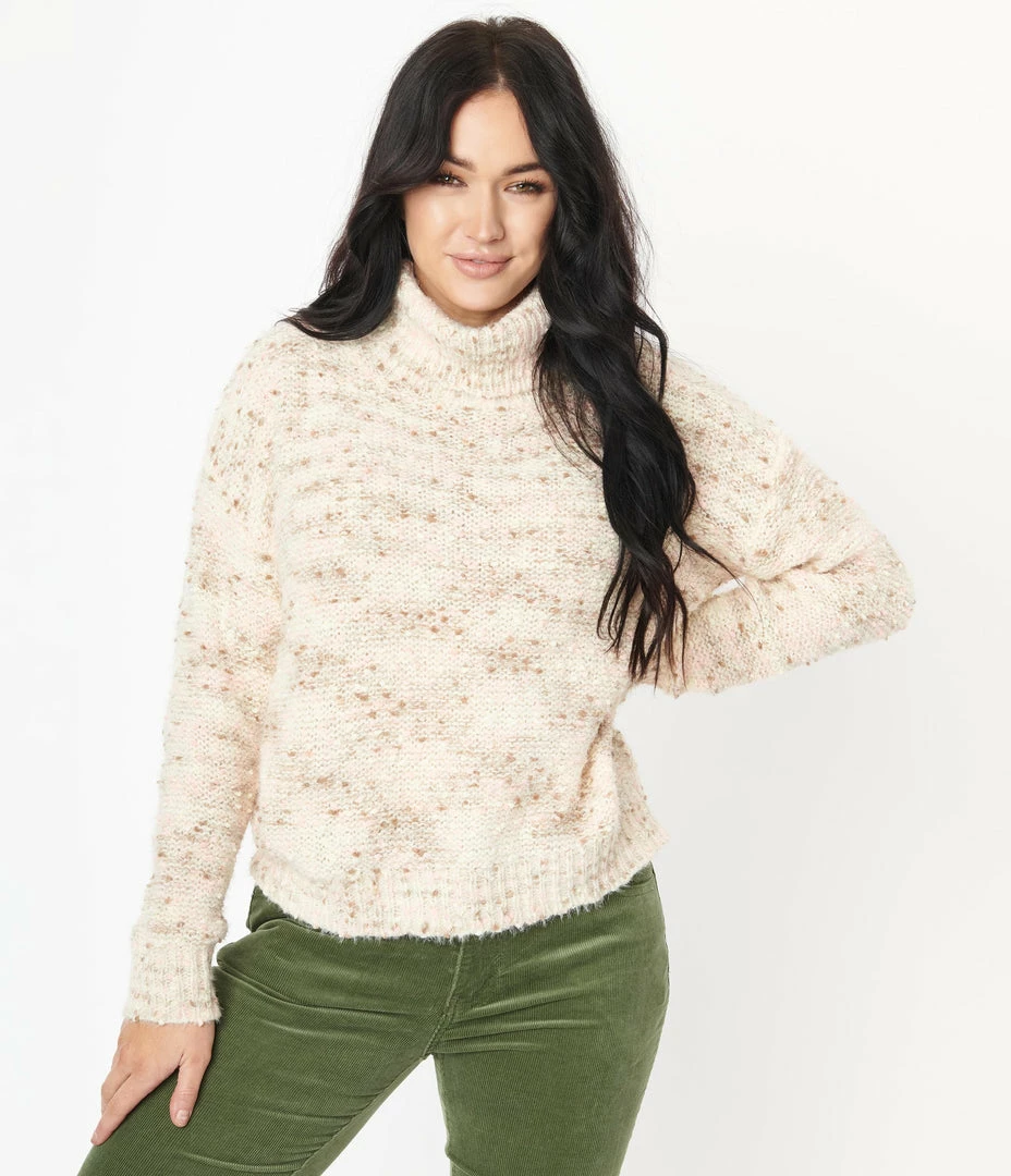 LUMIERE Sale Cream & Pink Tweed Turtleneck Sweater