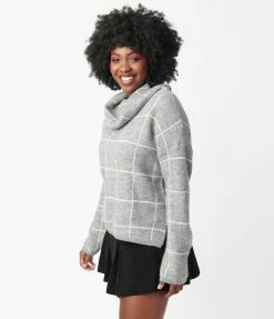 LUMIERE Heather Grey Windowpane Cowl Neck Sweater Sale