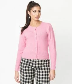 LUSH Sale Bubblegum Pink & Pearl Accent Cardigan