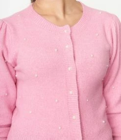 LUSH Sale Bubblegum Pink & Pearl Accent Cardigan