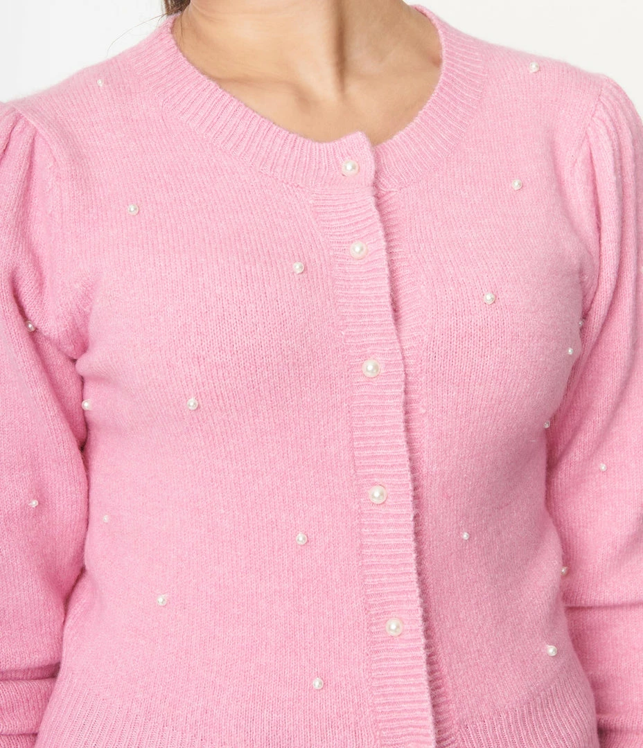 LUSH Sale Bubblegum Pink & Pearl Accent Cardigan