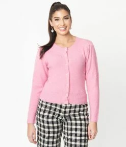 LUSH Sale Bubblegum Pink & Pearl Accent Cardigan