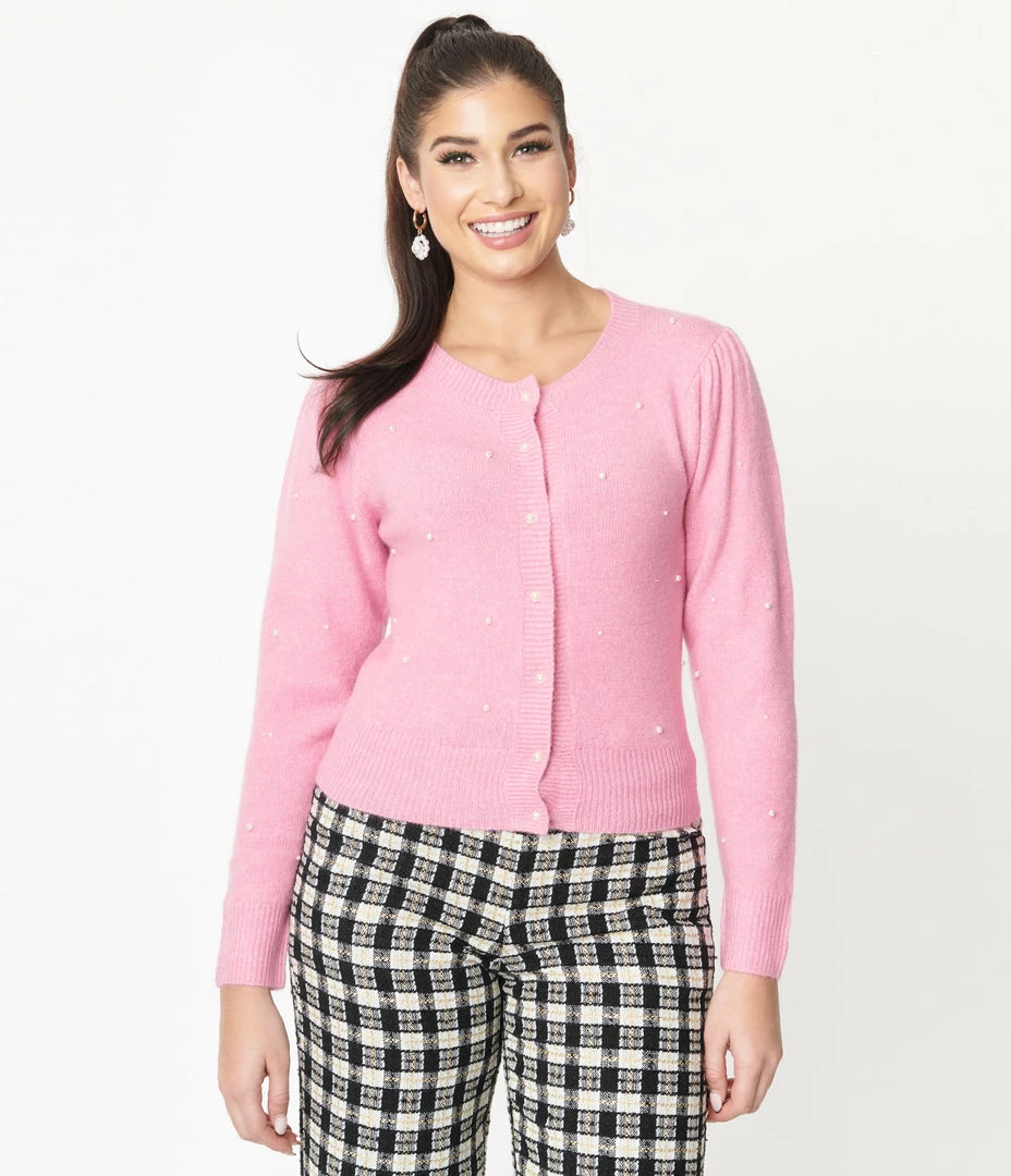LUSH Sale Bubblegum Pink & Pearl Accent Cardigan