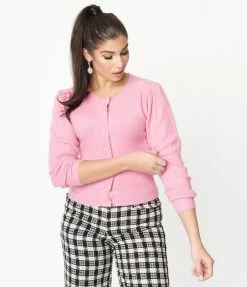 LUSH Sale Bubblegum Pink & Pearl Accent Cardigan