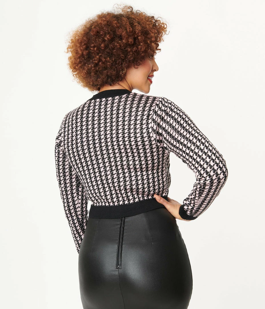 LUSH Light Pink & Black Houndstooth Crop Cardigan