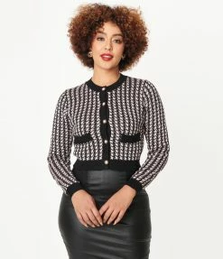 LUSH Light Pink & Black Houndstooth Crop Cardigan