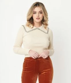 LUSH Sale Cream Collar Rhinestone Embellished Sweater