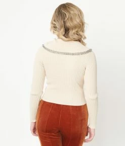 LUSH Sale Cream Collar Rhinestone Embellished Sweater
