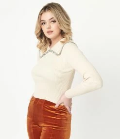 LUSH Sale Cream Collar Rhinestone Embellished Sweater