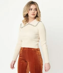 LUSH Sale Cream Collar Rhinestone Embellished Sweater