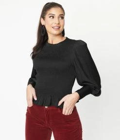LUSH Sale Black Smocked Bishop Sleeve Bodice