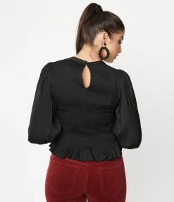 LUSH Sale Black Smocked Bishop Sleeve Bodice