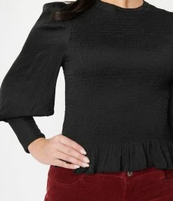 LUSH Sale Black Smocked Bishop Sleeve Bodice