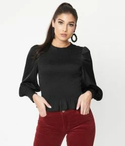 LUSH Sale Black Smocked Bishop Sleeve Bodice