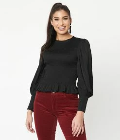 LUSH Sale Black Smocked Bishop Sleeve Bodice