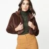 LUSH Sale Retro Style Brown Faux Fur Crop Jacket