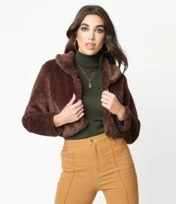 LUSH Sale Retro Style Brown Faux Fur Crop Jacket