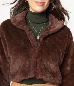 LUSH Sale Retro Style Brown Faux Fur Crop Jacket