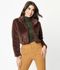 LUSH Sale Retro Style Brown Faux Fur Crop Jacket