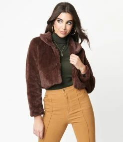 LUSH Sale Retro Style Brown Faux Fur Crop Jacket