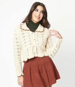 LUSH Sale Cream Scallop Trim Cardigan