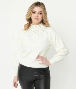 LUSH Ivory Rhinestone Starburst Sweater Sale