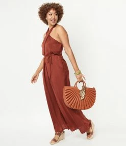 LUSH Rust Brown Halter Jumpsuit