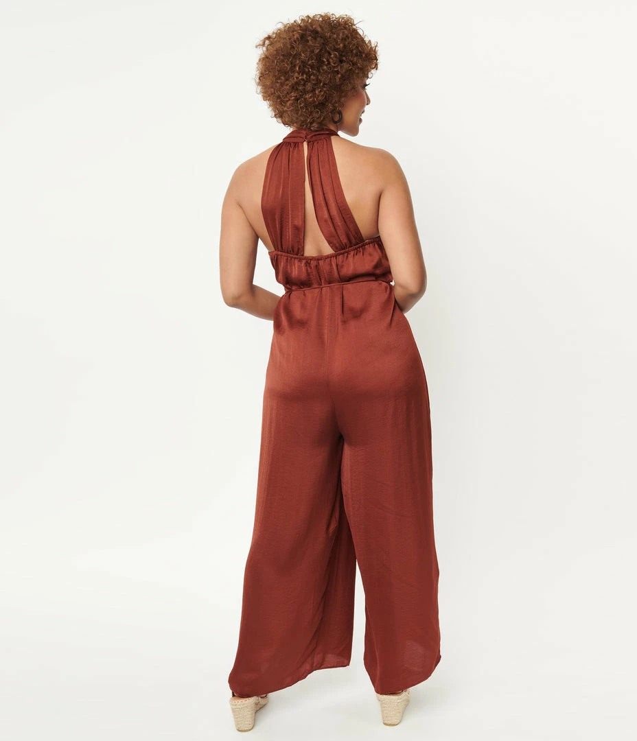 LUSH Rust Brown Halter Jumpsuit