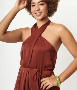 LUSH Rust Brown Halter Jumpsuit