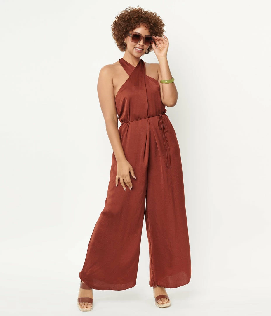 LUSH Rust Brown Halter Jumpsuit