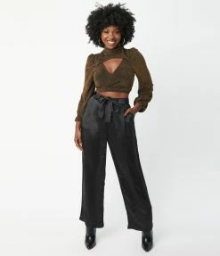 LUSH Sale Black Satin Wide Leg Pants
