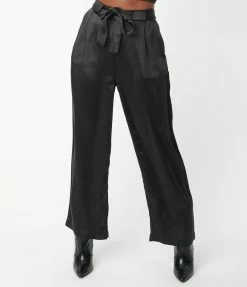 LUSH Sale Black Satin Wide Leg Pants