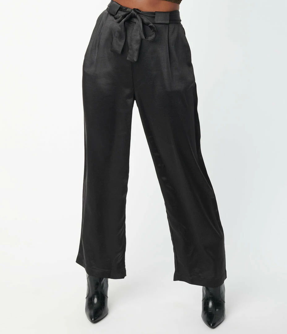 LUSH Sale Black Satin Wide Leg Pants
