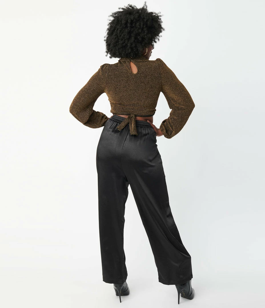 LUSH Sale Black Satin Wide Leg Pants