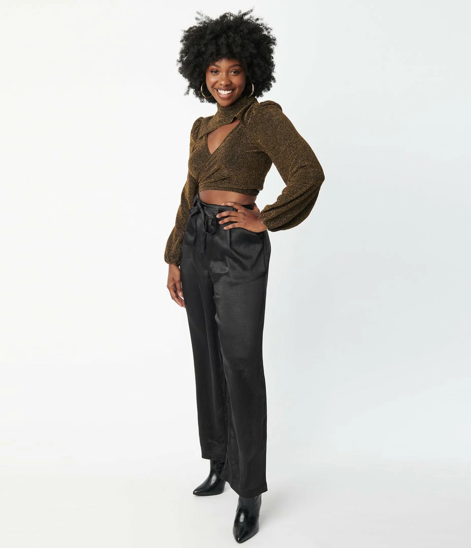 LUSH Sale Black Satin Wide Leg Pants