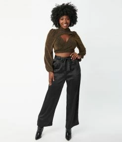 LUSH Sale Black Satin Wide Leg Pants