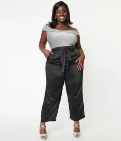 LUSH Sale Plus Size Black Satin Wide Leg Pants