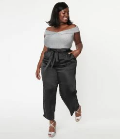 LUSH Sale Plus Size Black Satin Wide Leg Pants