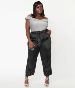 LUSH Sale Plus Size Black Satin Wide Leg Pants