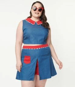 Unique Vintage Plus Size 1950s Chambray & Red Dotted Collar Bold Times Crop Top Sale