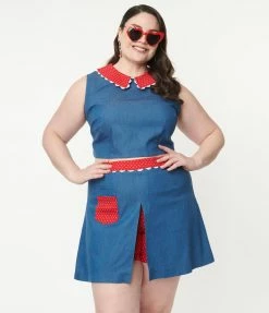 Unique Vintage Plus Size 1950s Chambray & Red Dotted Collar Bold Times Crop Top Sale