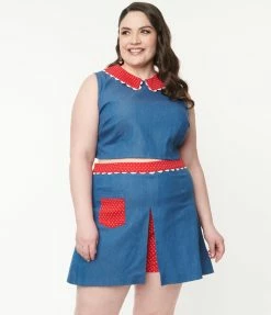 Unique Vintage Plus Size 1950s Chambray & Red Dotted Collar Bold Times Crop Top Sale