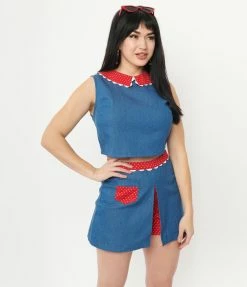 Sale Unique Vintage 1950s Chambray & Red Dotted Collar Bold Times Crop Top