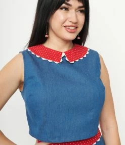 Sale Unique Vintage 1950s Chambray & Red Dotted Collar Bold Times Crop Top
