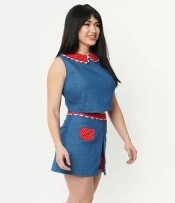 Sale Unique Vintage 1950s Chambray & Red Dotted Collar Bold Times Crop Top