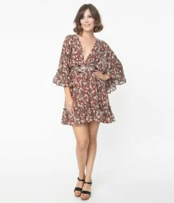 The Clothing Company Wine & Ivory Floral Print Flare Dress Sale