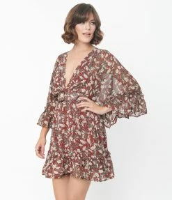 The Clothing Company Wine & Ivory Floral Print Flare Dress Sale