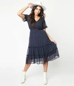 Tua Navy & Cream Abstract Spot Midi Dress