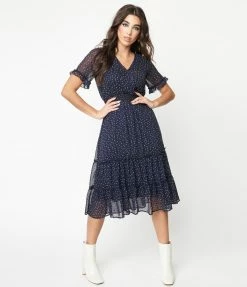 Tua Navy & Cream Abstract Spot Midi Dress