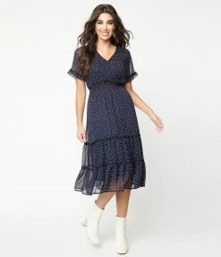 Tua Navy & Cream Abstract Spot Midi Dress
